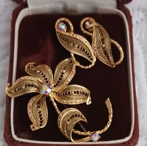 Western Germany Vintage Filigree Brooch And Earrings With Iridescent Jewels